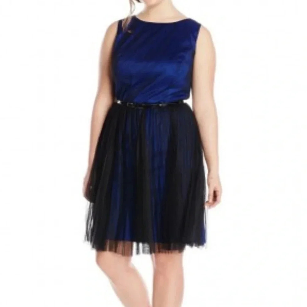 Adrianna Papell PlusSize blue/black lace bottom Sleeveless Fit Flare Party Dress